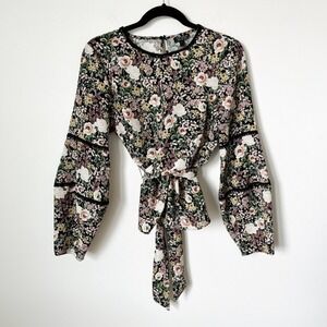 Topshop Floral Balloon Sleeve Top Tie Back Crochet Womens 8 Dark Romantic Fairy
